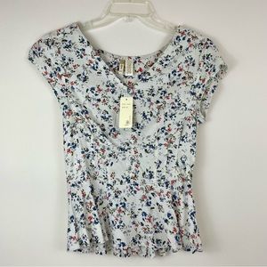 Japna White Floral Button Front Peplum Top XS NWT